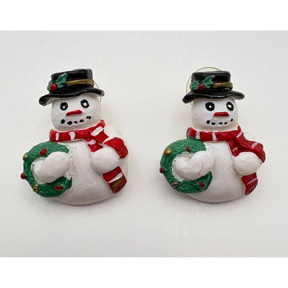 Snowman Holiday Earrings Festive Wreath & Scarf Accents Christmas Whimsical - Picture 6 of 6